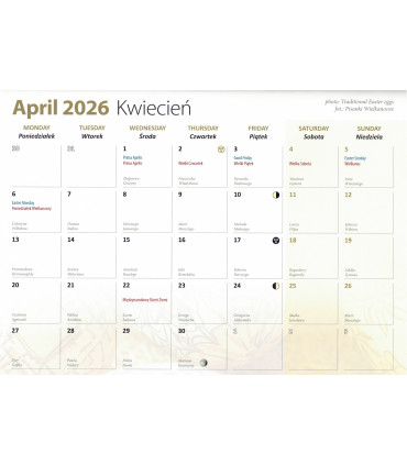 Kalendarz ścienny angielsko-polski na rok 2026